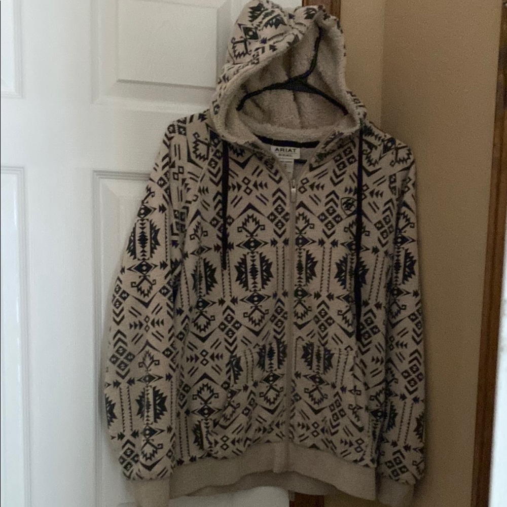 Ariat Cream and Black Zip Up Sweater with Geometric Pattern